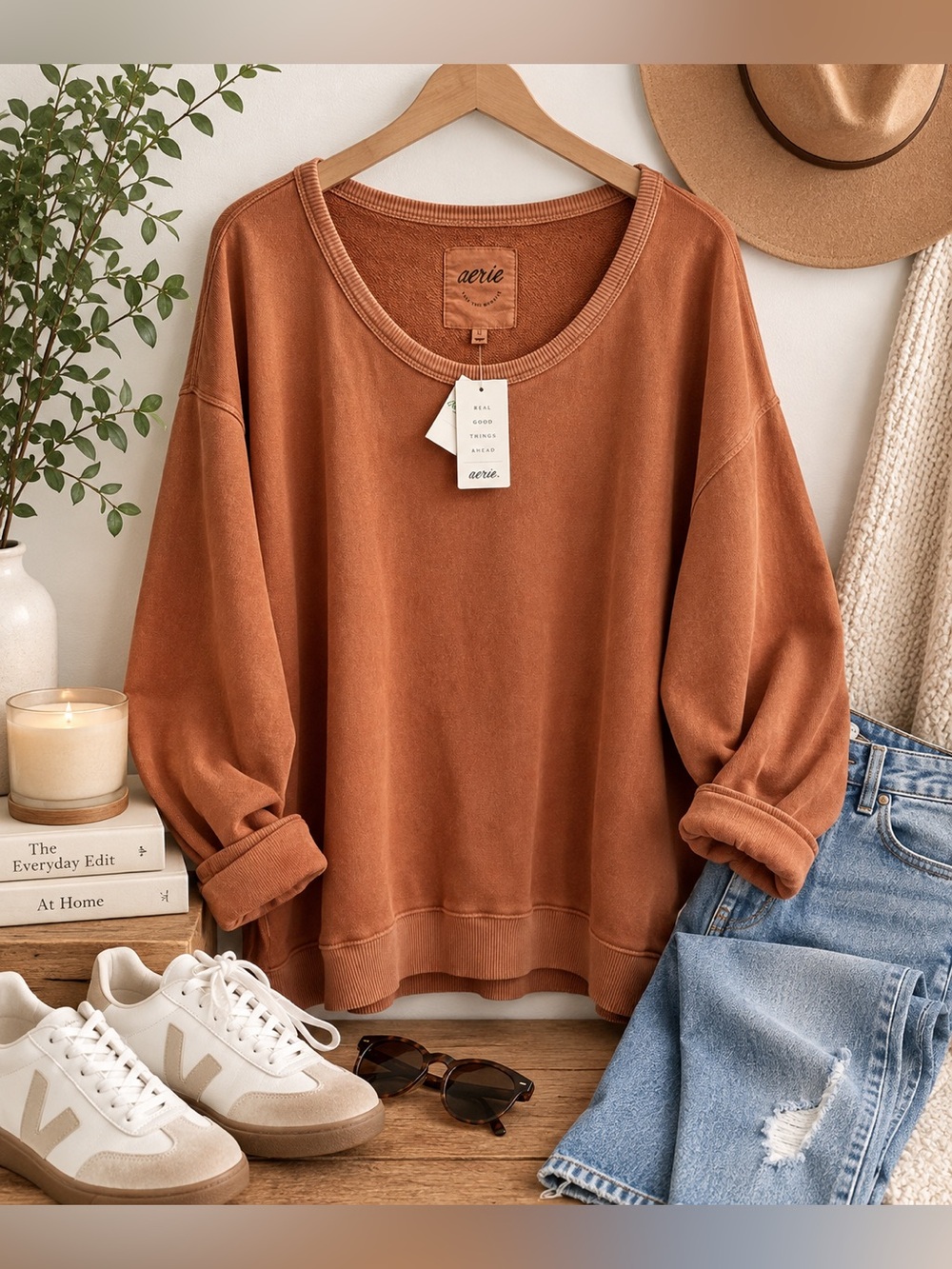 Aerie Oversized Crewneck Sweatshirt Women’s XL Rust Brown Garment Dyed NWT